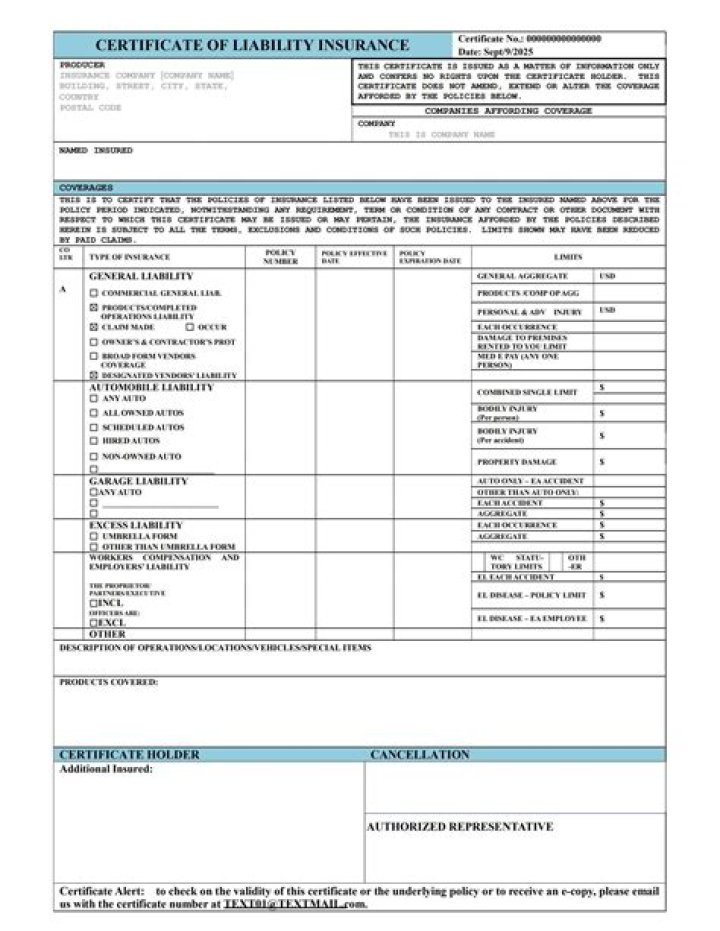 WHO issues a certificate of insurance?